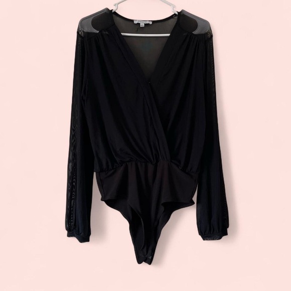 Tops - Women’s Large Story On Sheer Mesh Black Long Sleeve Chic Leotard Bodysuit